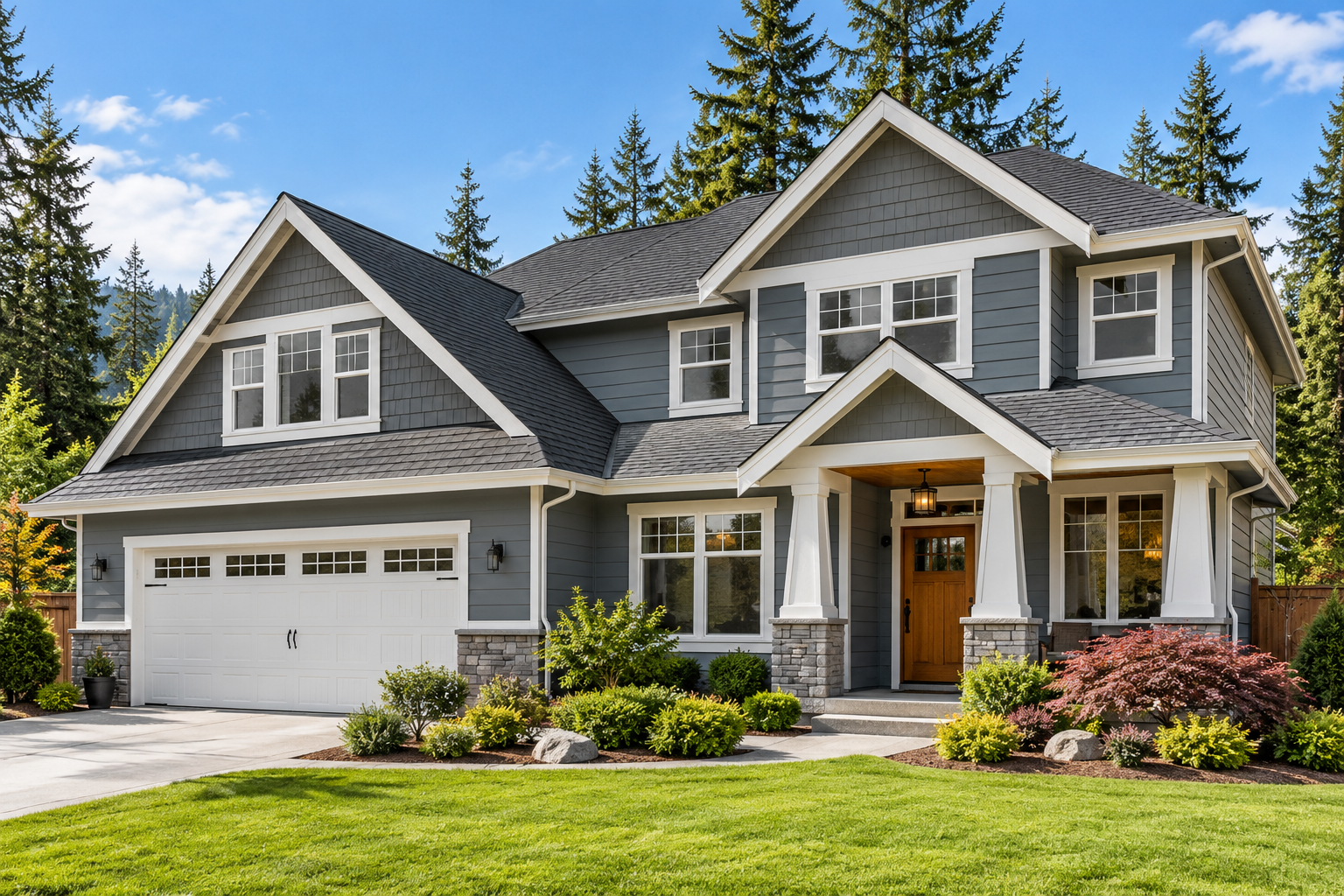 Design concept of a blue-gray craftsman home with a charcoal shingle roof, white trim and gutters